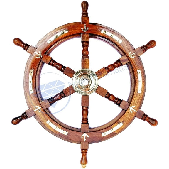 Nagina International 24" Nautical Brass Anchor Inlayed Wooden Ship Wheel | Maritime Ocean Navigational Decor Gift