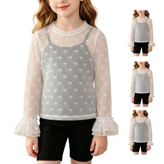 YHAJDS Girls Lace Mesh Top Solid Color Long Sleeve Crewneck Blouse Daily Summer Lightweight Wear