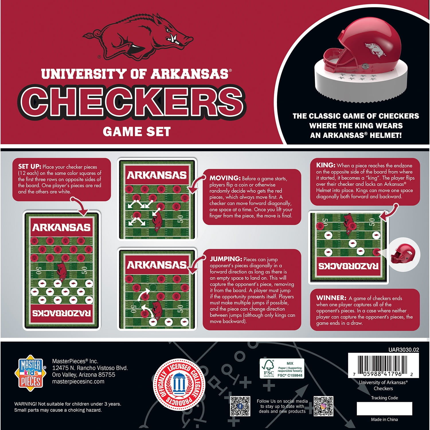 MasterPieces Officially licensed NCAA Arkansas Razorbacks Checkers Board Game for Families and Kids ages 6 and Up