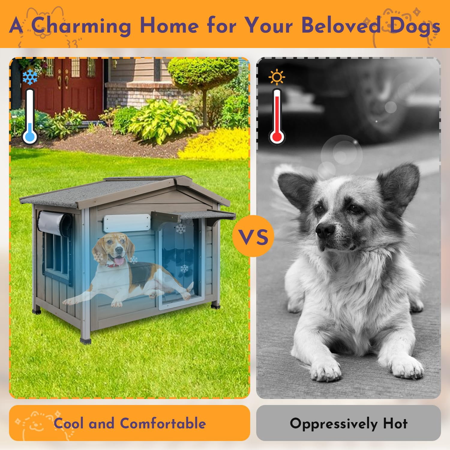 PETSCOSSET Outdoor Dog House, Weatherproof Wooden Dog Kennel with Raised Feet for Small Dog, Gray