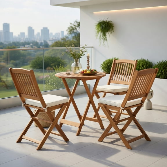 Kadyn 3-Piece Acacia Wood Folding Bistro Set with Removable Beige/Navy/Red Cushions – Outdoor Patio Chairs & Round Table for Balcony, Porch, Garden