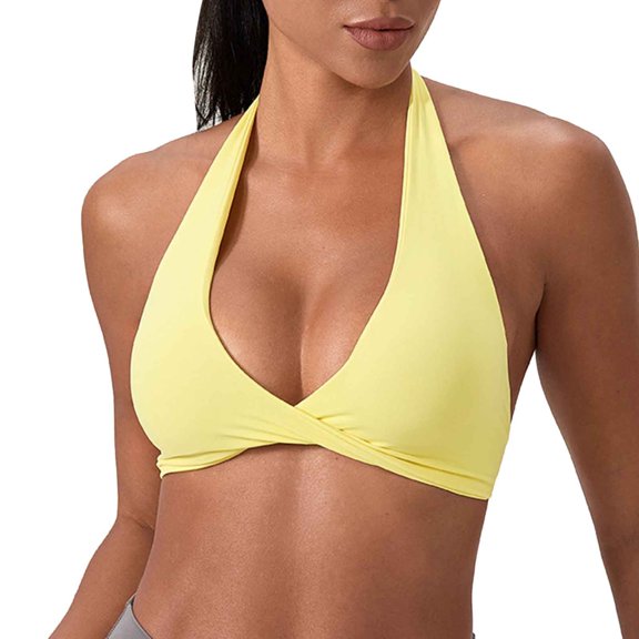 Ticikt Seamless Padded Sports Bra for Women Open Back Yoga Workout Fitness Low Crop Top,Color:Yellow