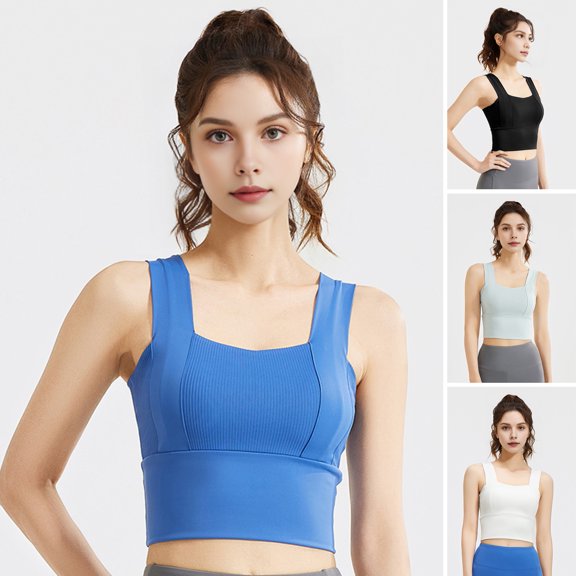 HEVIRGO Women Square Neck Sports Bra Padded Workout Crop Tank Top with Built-in Bra for Yoga Gym Fitness Running