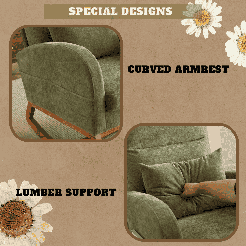 Spaco Linen Rocking Chair with Thick Headrest, Upholstered Mid-Century Modern Nursing Rocker Glider with Curved Armrest and Sturdy Solid Wood Base for Living Room, Bedroom, Baby Room, Green