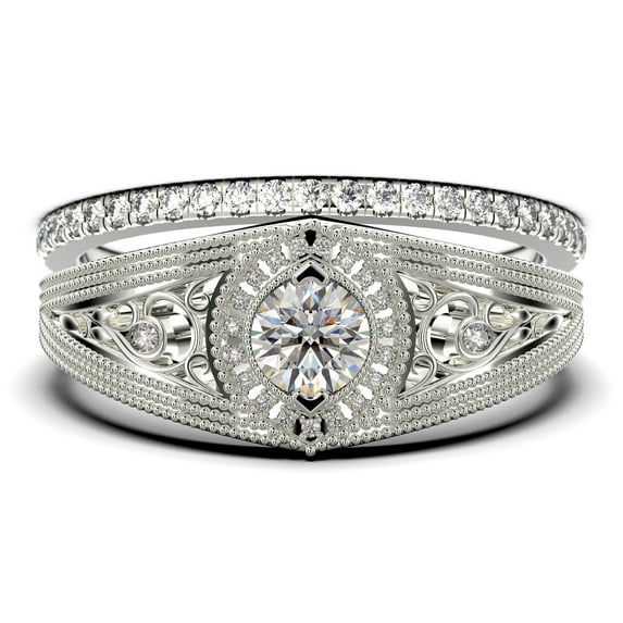 Antique Style Gorgeous Art deco 1.75 Carat Round Cut Diamond Moissanite Unique Engagement Ring, Vintage Look Wedding Ring in 10k Solid White Gold, Promise Ring, Bridal Rings Set