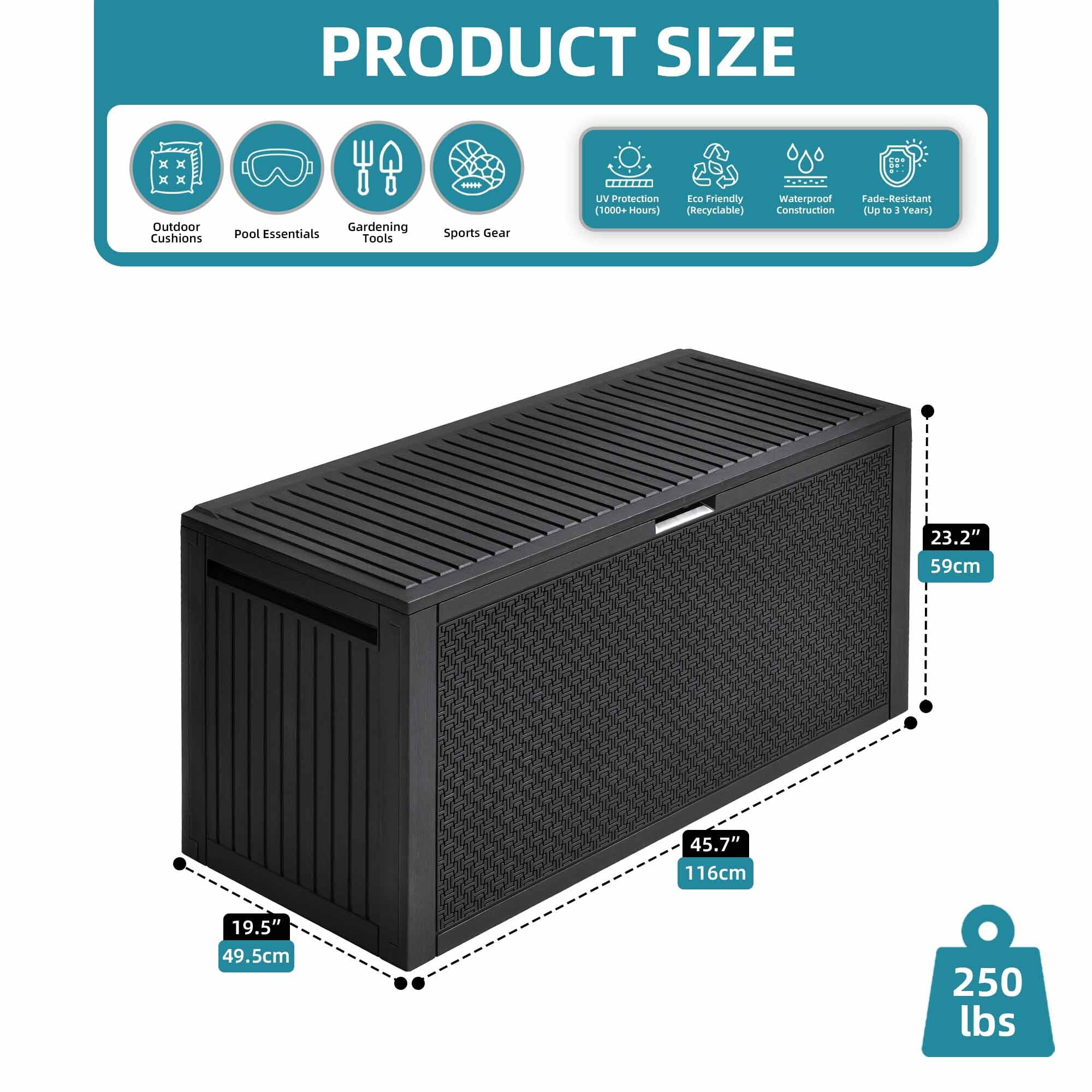 Uforic 90 Gallon Weatherproof Deck Box, UV Resistant Lockable Resin Outdoor Storage Box with Handles, Large Patio Storage Bin for Cushions Garden Tools, Black