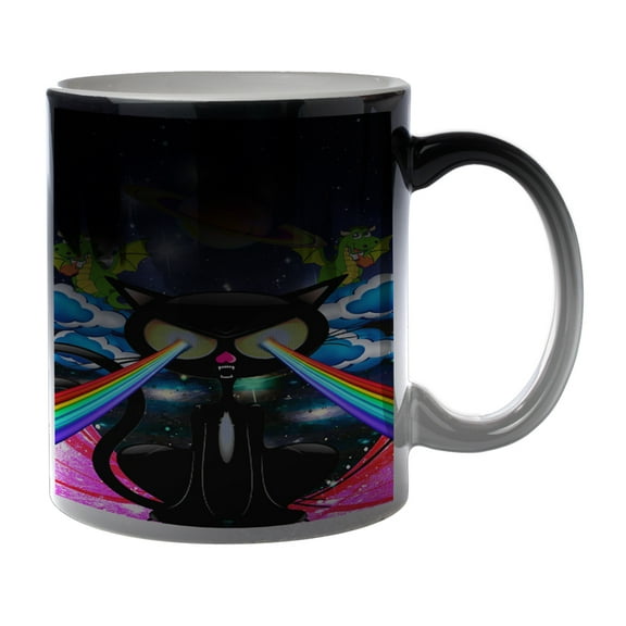 KuzmarK Black Heat Morph Color Changing Coffee Cup Mug 11 Ounce - Kitty Cat Rainbow Laser Eyes