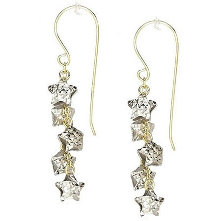American Designs 14kt Yellow and White Gold Two-Tone Diamond-Cut Puffed Stars Dangle and Drop Earrings, French Wire