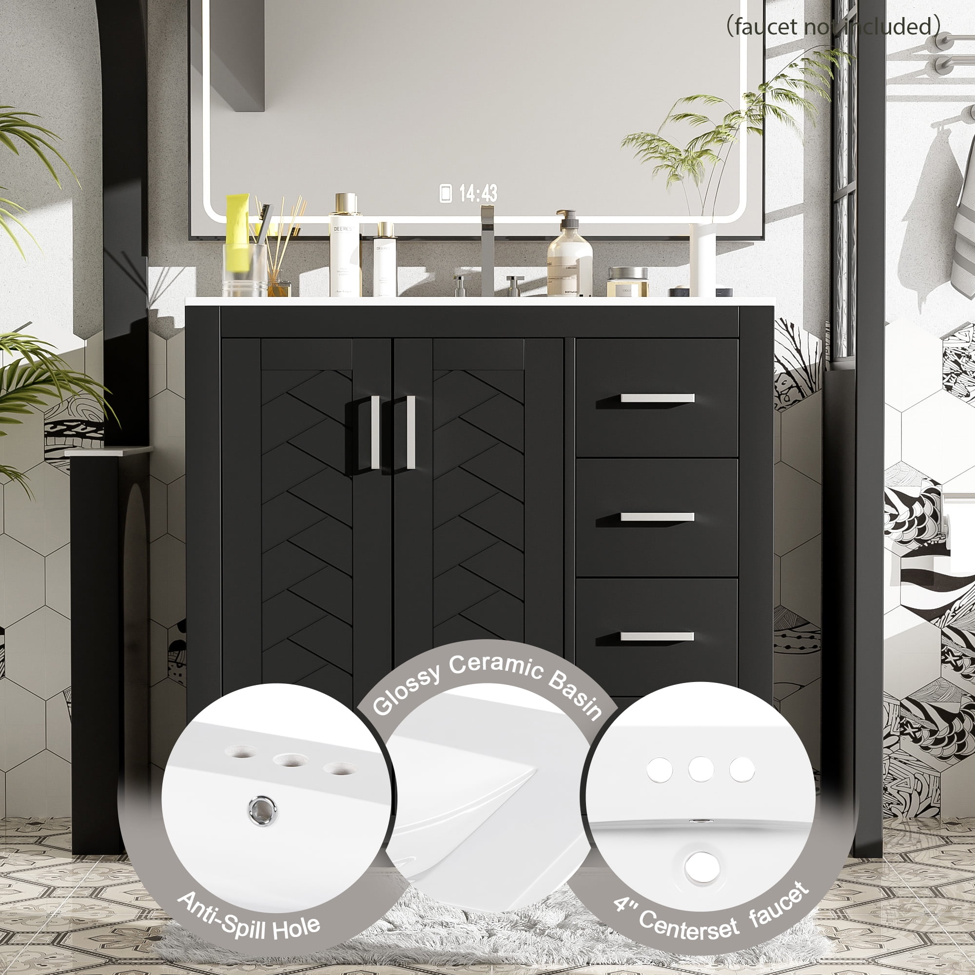 Euroco 36'' Bathroom Vanity with Ceramic Sink Combo, Solid Wood Frame Bathroom Storage Cabinet, Freestanding Vanity Set with 3 Drawers& Soft Closing Doors