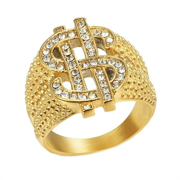 HIJONES Men's Stainless Steel White Zirconia Inlaid Dollar Sign Rich Ring Lucky Wedding Couple Band Gold Size 7