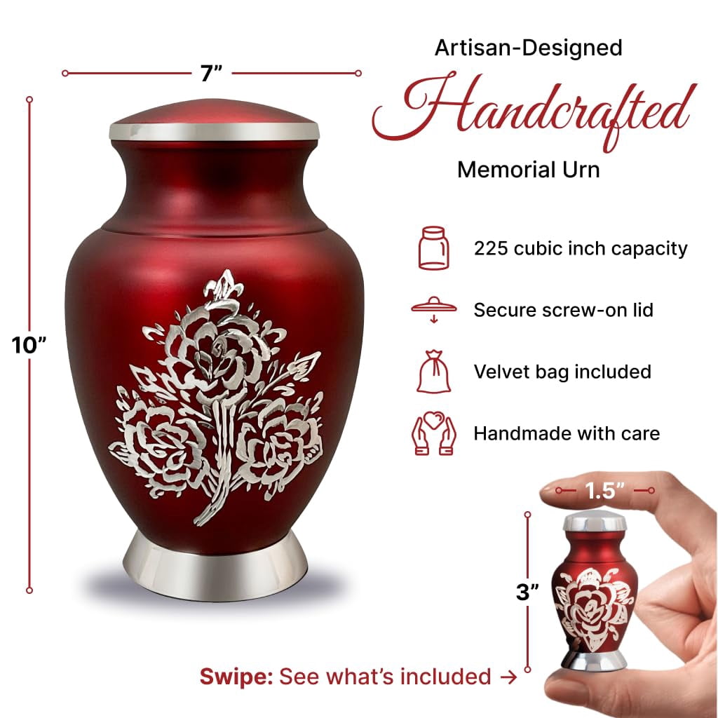 Set of 6 Rose Urn Decorative Urns for Human Ashes Includes 1 Large Urn with 4 Small Keepsakes & 1 NecklaceUrn