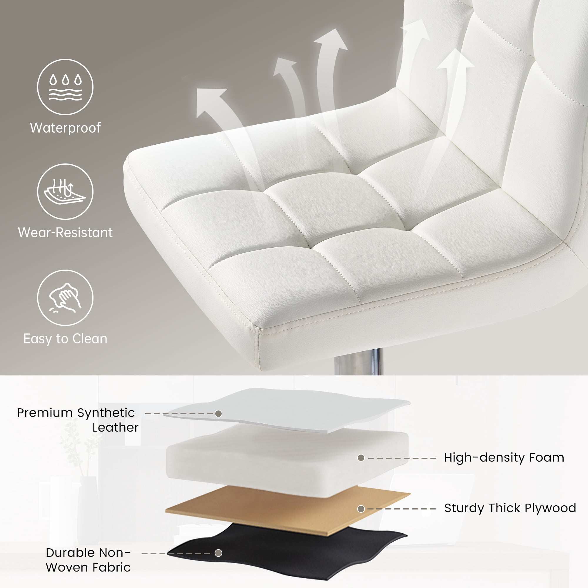 SAETSFEG Bar Stools, Thickened Seat Cushion Adjustable Swivel Bar Stool with Backrest, Counter Height PU Leather Bar Chairs for Kitchen Island, Dining Room, White