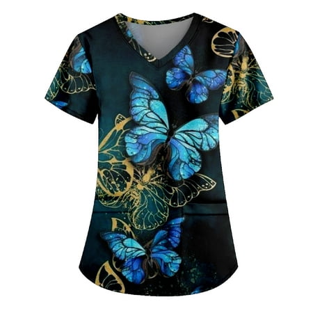 

Mlqidk Scrub Tops for Women Floral Printed Short Sleeve Nurse Working Uniform Summer V Neck Holiday Tunic Blouse with Pocket Dark Blue L