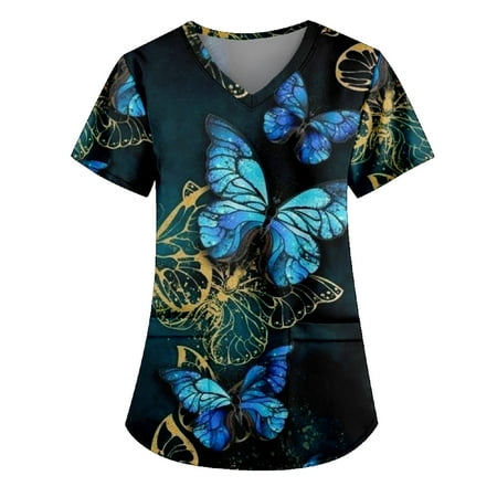

TQWQT Scrub Tops for Women Floral Printed Short Sleeve Nurse Working Uniform Summer V Neck Holiday Tunic Blouse with Pocket Dark Blue XXXXL
