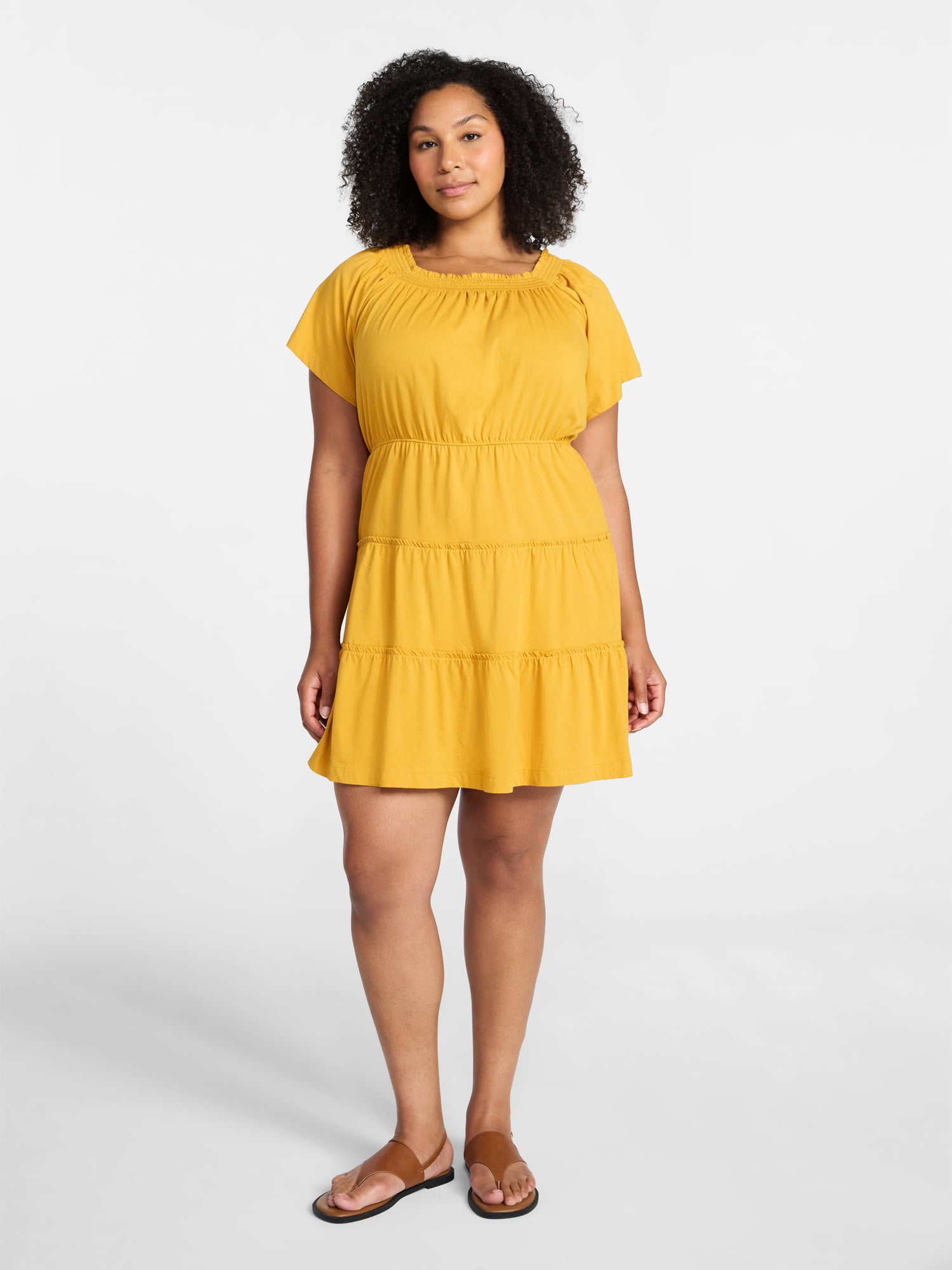 Time and Tru Women's Tiered Cotton Mini Dress with Flutter Sleeves, Sizes XS-XXXL