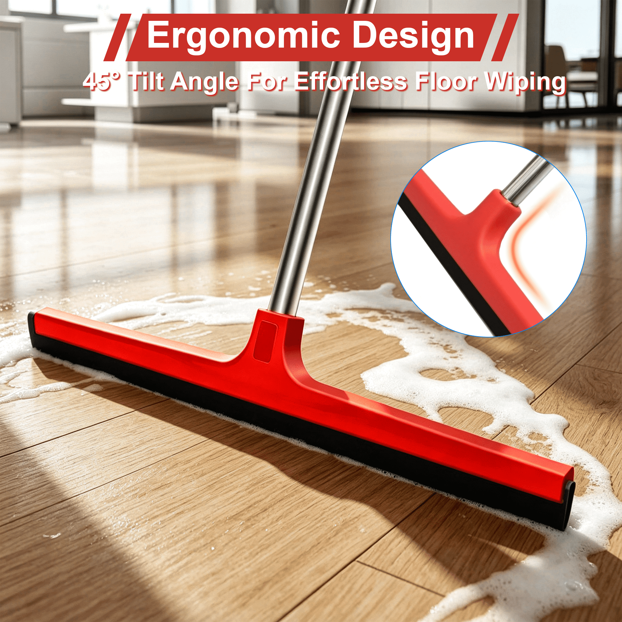 GARITIN Floor Squeegee with Long Stainless Steel Handle, Heavy‑Duty Rubber Squeegee for Shower, Bathroom, Tile, Glass Window, Water Removal Wiper for Home Garage Cleaning