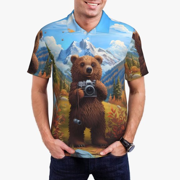 Fuzoiu Snowy Mountain Photography Bear Print Men's Polo Shirts Short Sleeve,Golf Shirts for Men,Mens Golf Shirt Moisture Wicking Quick-Dry-