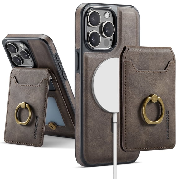 Wallet Case for iPhone 16 Pro,Ring Holder,Compatible with MagSafe Magnetic RFID Blocking Detachable Premium PU Leather Case with Card Slots Holder Kickstand Wireless Charging,Coffee