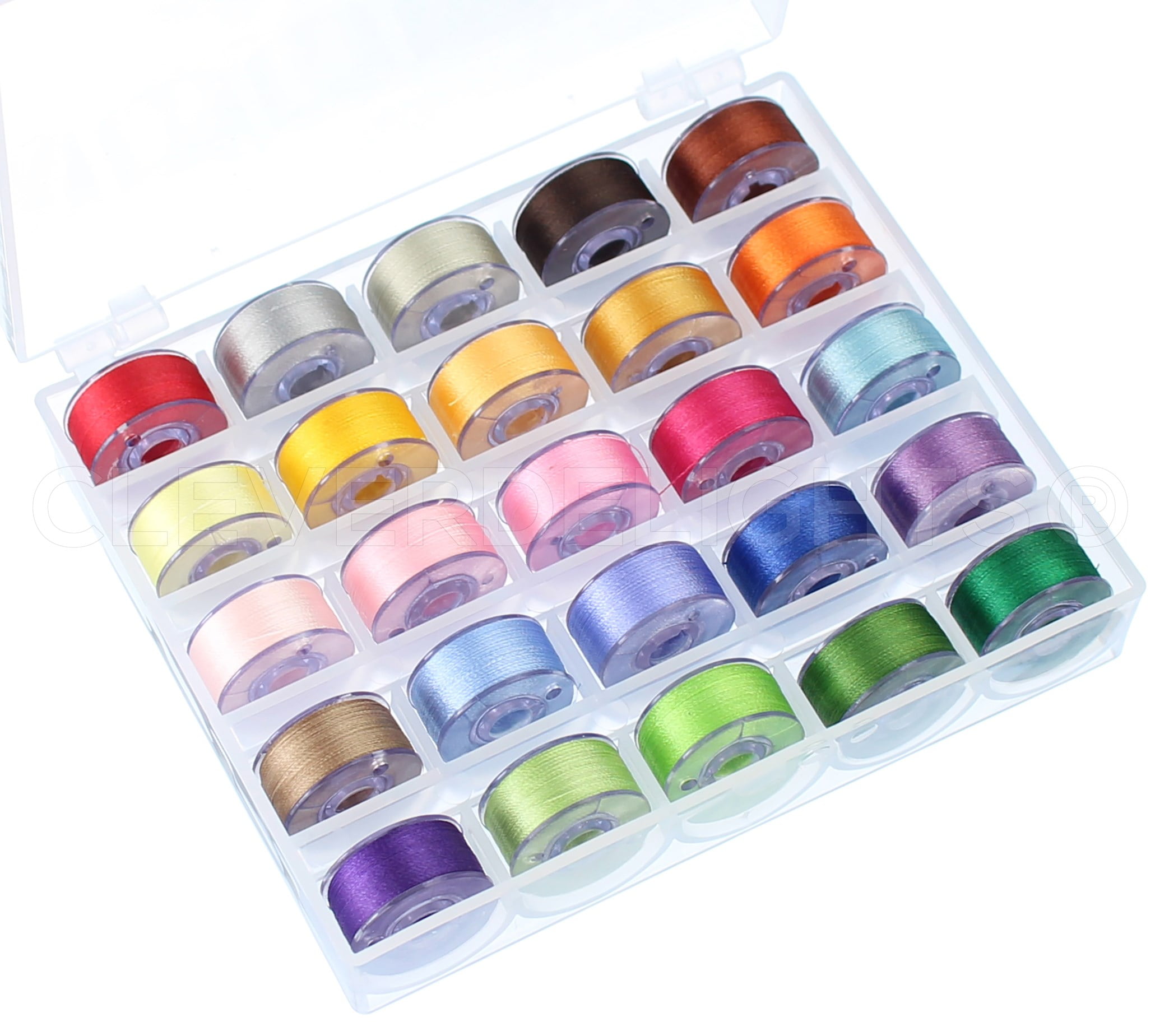 CleverDelights 25 Color Prewound Bobbins Set with Case 60wt Polyester