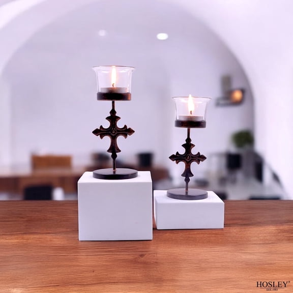 Hosley Set of 6 Black Metal & Glass Votive Candle Holders | Decorative Tea Light Holders for Home Decor, Wedding, Parties, and Dining Table Centerpieces