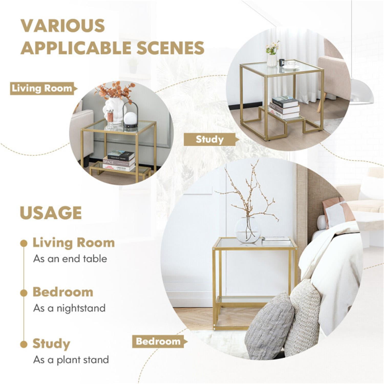 Demi Bonn 3-Piece Coffee Table Set, Modern 2-Tier Rectangular Coffee Table with Glass Table Top & Set of 2 Square Sofa Side Table with Tempered Glass Tabletop, for Living Room, Gold