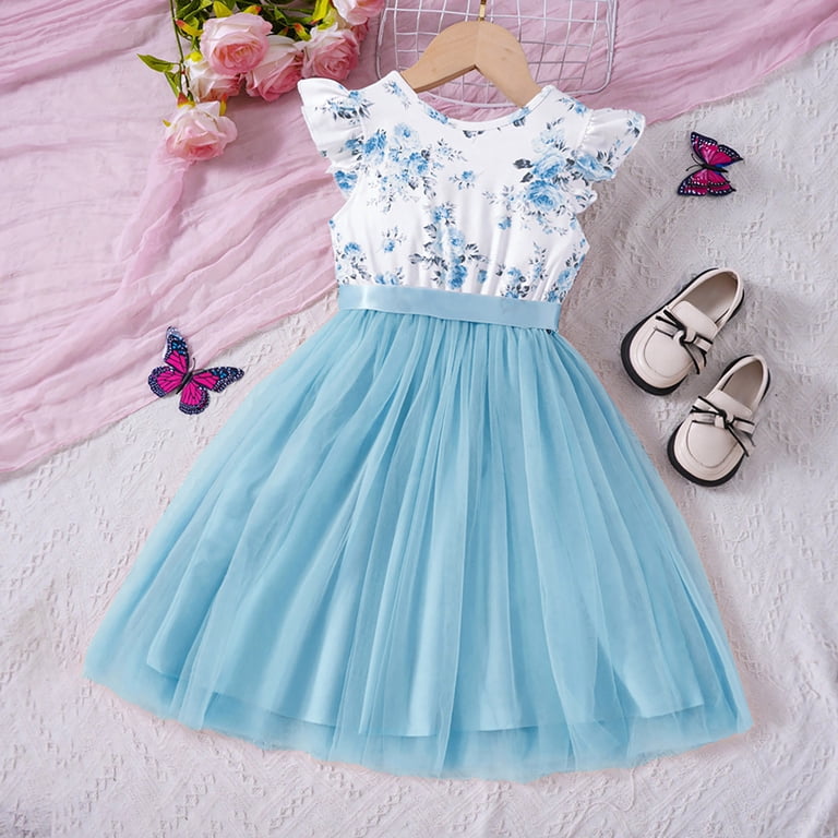 Rovga Easter Dresses for Girls 7-8 Years Sleeveless O Neck Dresses Floral Prints Sundress Classic Outfits Blue