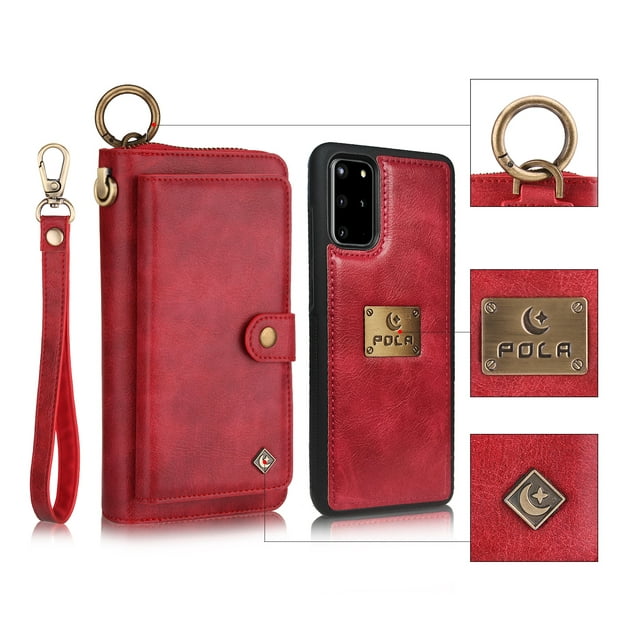 Galaxy S20+ Plus Case, Allytech Retro PU Leather Magnetic Detachable Back Cover Zipper Wallet Folio Multiple Cards Slots Purse Wrist Strap Clutch Protective Case for Samsung Galaxy S20 Plus,Red