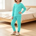 thumbnail image 2 of Kids Ribbed Knit Two Piece Loungewear Set Crew Neck Long Sleeve Top & Elastic Waist Straight Pants, Soft Stretchy Matching Outfit for Homewear Daily Casual Wear Blue 3-4 Years, 2 of 7