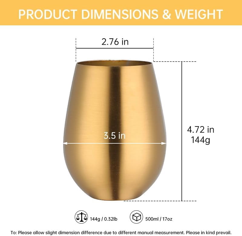 Buyer Star 304 Stainless Steel Wine Glasses Set of 4 - Gold 17 oz Outdoor Wine Tumblers