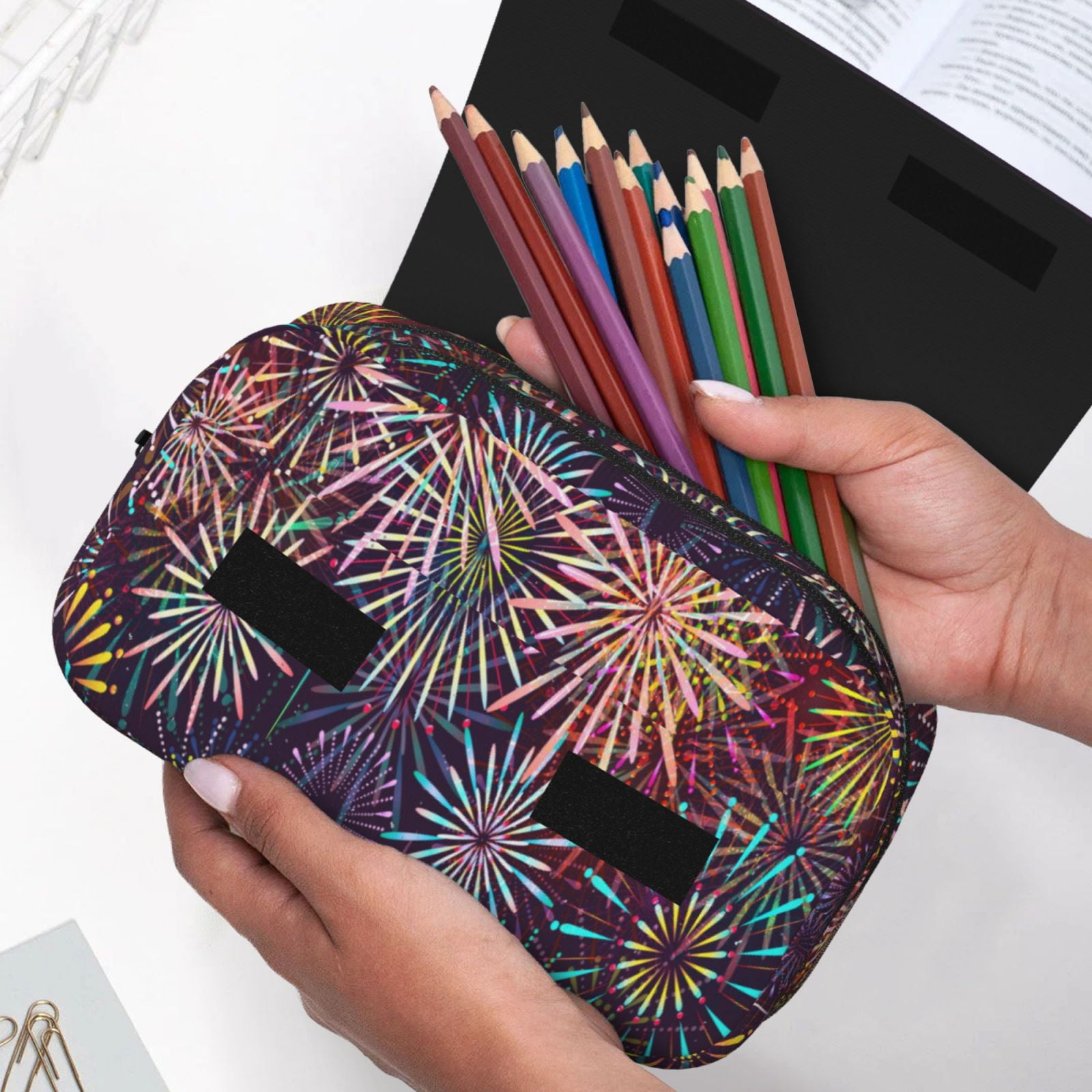 Rateoe Fireworks2 Pattern Double Clamshell Pen Case, Storage Organizer with Two Zipper Compartments– Holds Up to 50 Pencils & Pens