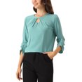 thumbnail image 4 of CURVOSPORT Camisa Elegante para Mujeres, Top de Oficina con Abertura, Frente Plisado, Manga 3/4, Blusa de Chifón, L Gris Verde, 4 of 6