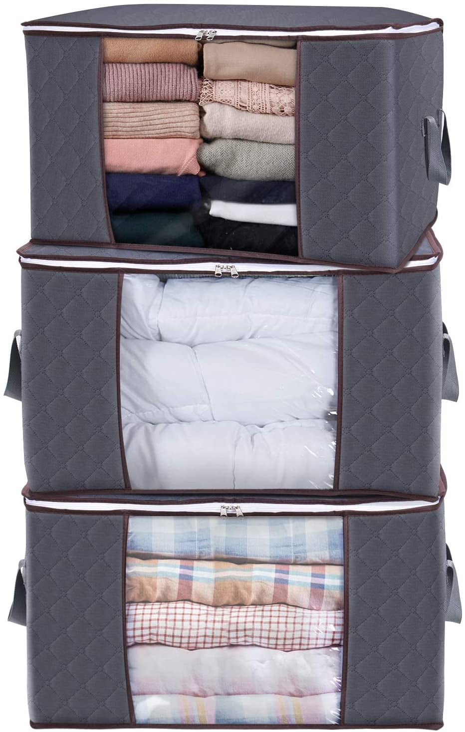Foldable with Sturdy Zipper Quilt storage bag Large Capacity Clothes Storage Bag Organizer with Reinforced Handle Thick Fabric for Comforters Blankets Bedding 3 pieces Clear Window 