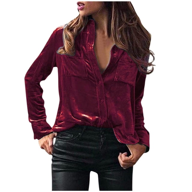 Yuyuzo Women Oversized Velour Shirts Button down Lapel Retro Blouse Long Sleeve V Neck Tops with Pocket