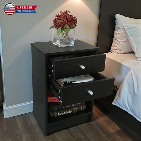Hassch Black Nightstand for Bedroom, Modern Storage Bedside Table with 2 Drawers and Lower Shelf, 15.75"L x 11.81"W x 23.62"H