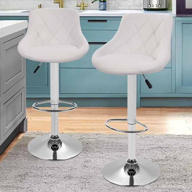 Modern Bar Stools Set of 2 Counter Height Adjustable Bar Chairs with Back and Chrome Base PU Leather Barstools Island Chairs for Kitchen Living Room Pub Swivel Bar Stools ( White )