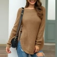 thumbnail image 2 of Suéter de punto para mujer, manga larga, dobladillo dividido, cuello redondo, dobladillo curvado, Top suelto de otoño para invierno, otoño, bronceado claro XL, 2 of 5