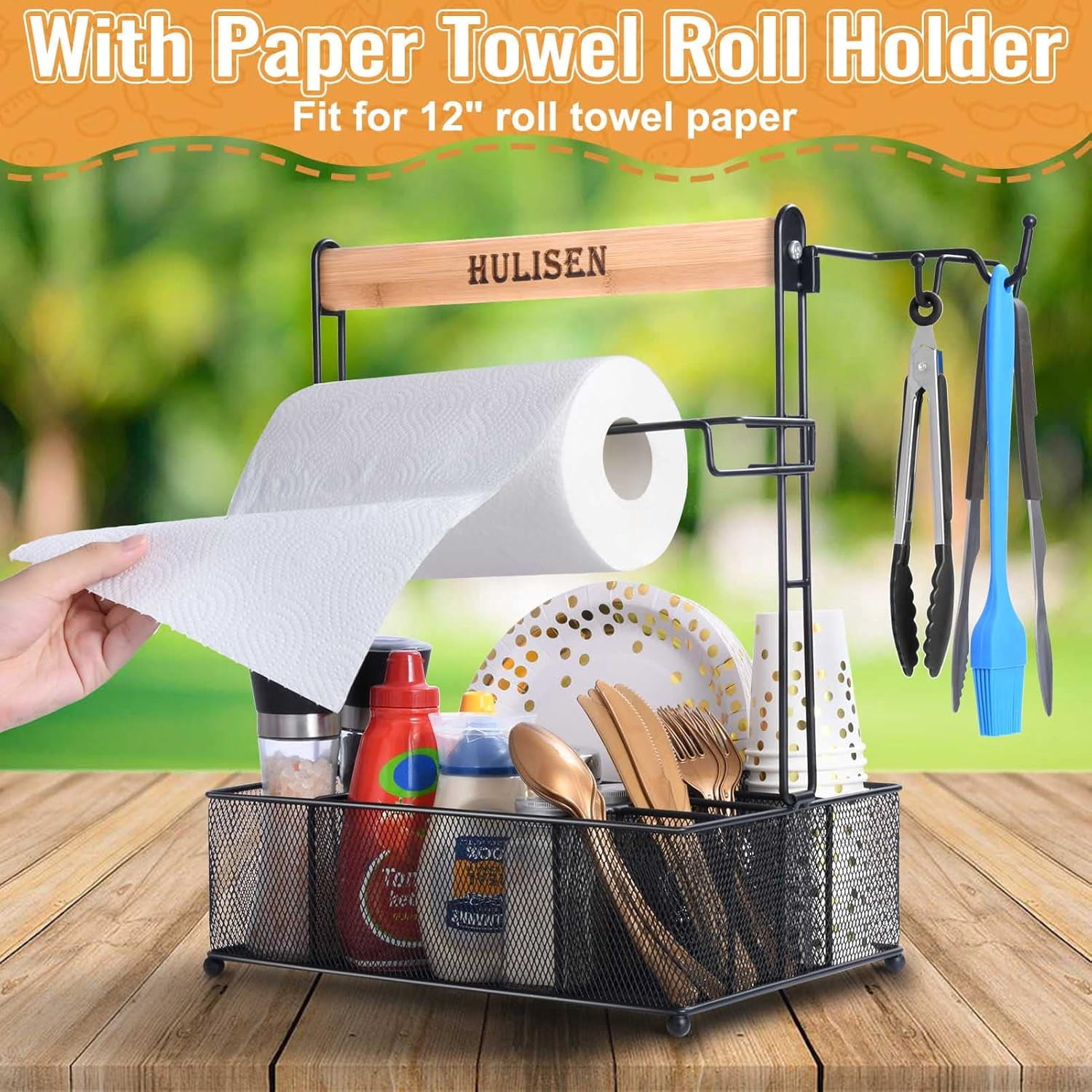 Picnic basket for Outdoor Grill, Grill Caddy with Paper Towel Holder, Camping accessories