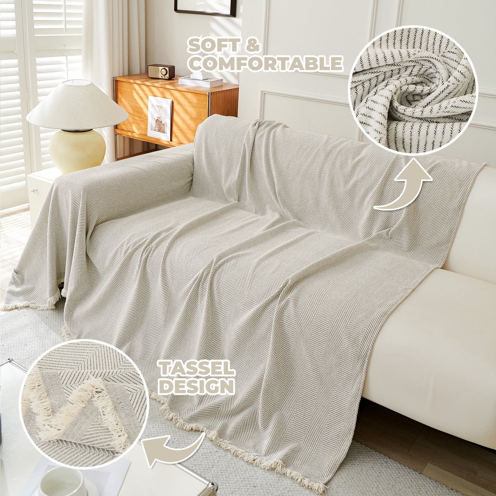 Sanmadrola Sofa Cover Non Slip Couch Cover for 3 Cushion Couch Machine Washable Furniture Protector for Dogs Pet Chenille Throw Slipcover Blanket for Living Room (Off White, 91"x134")