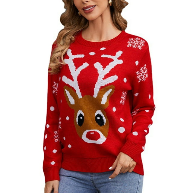 xiaxaixu Chandail de Noël Drôle pour Femmes Imprimé Élan/lanterne Tricot Ample Manches Longues Col Rond