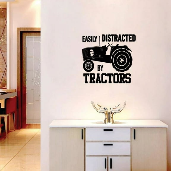 Easily Distracted By Tractors - Tractor Quote Vinyl Wall Sticker Art Decal Girls Boys Kids Room Design Bedroom Nursery Kindergarten House Home Decor Wall Sticker Vinyl Decoration Size (20x20 inch)