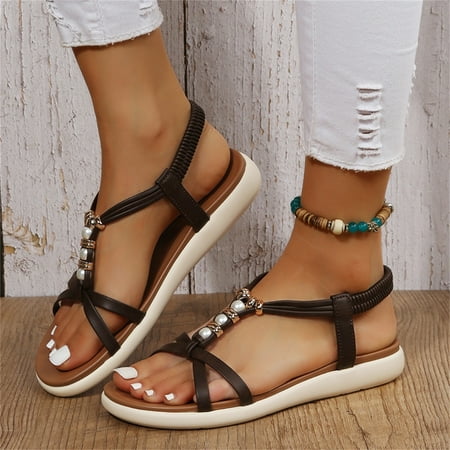 

Christmas Ladies Fashion Suede Strap Metal Pearl Embellished Soft Bottom Boho Flat Sandals
