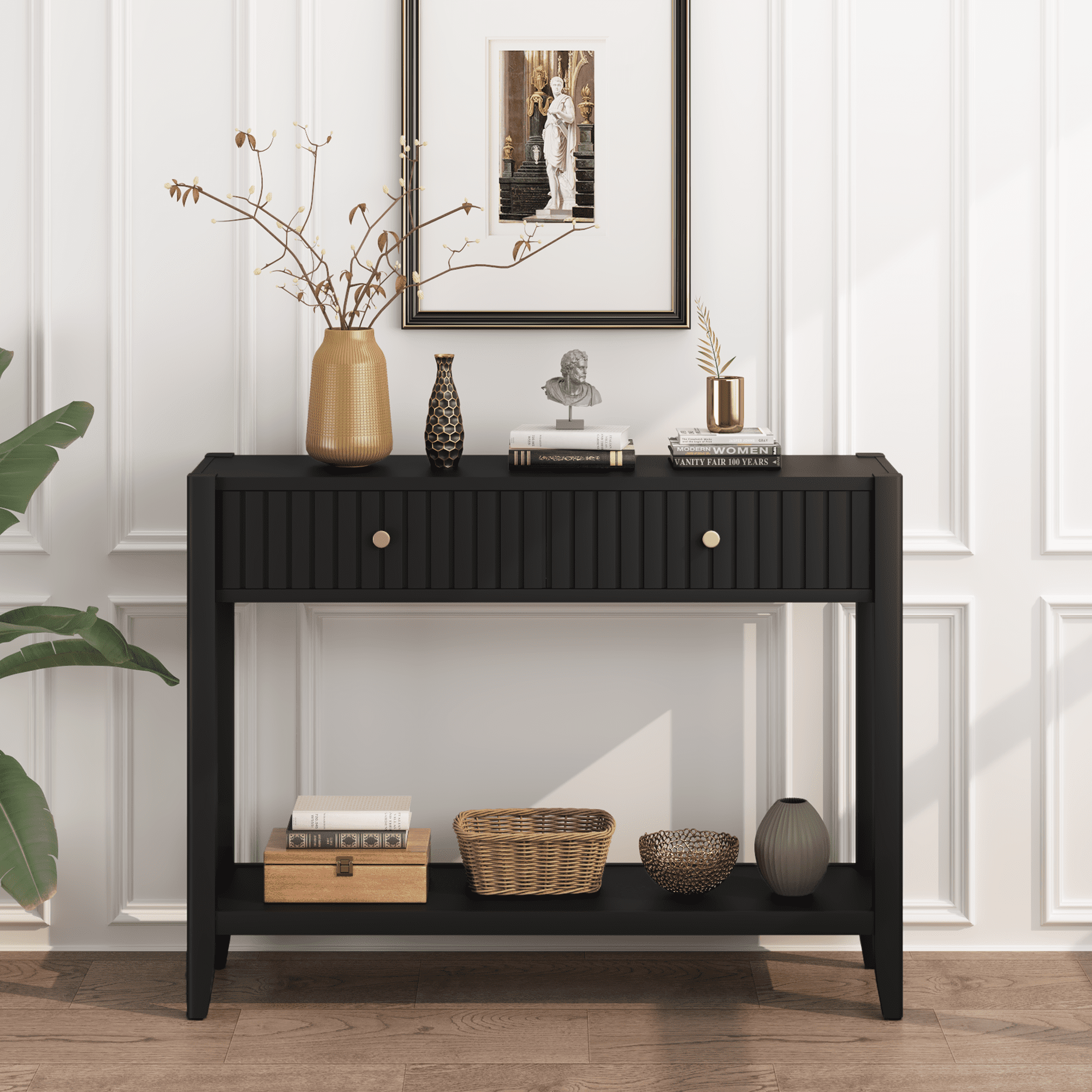 Leumius Console Table with Drawers, Narrow Wood Accent Sofa Table Entryway Table with Storage Shelf for Entryway Front Hall Hallway Living Room Black