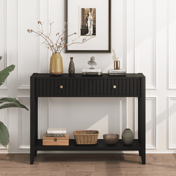 Leumius 29.53" Tall Console Table with Drawers, Narrow Wood Accent Sofa Table Entryway Table with Storage Shelf for Entryway Front Hall Hallway Living Room Black