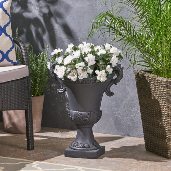 Delphine Urn Planter Black Magnesium Oxide Roman Style with Drainage Hole Indoor Outdoor Multi-Purpose Faux-Stone Planter No Assembly