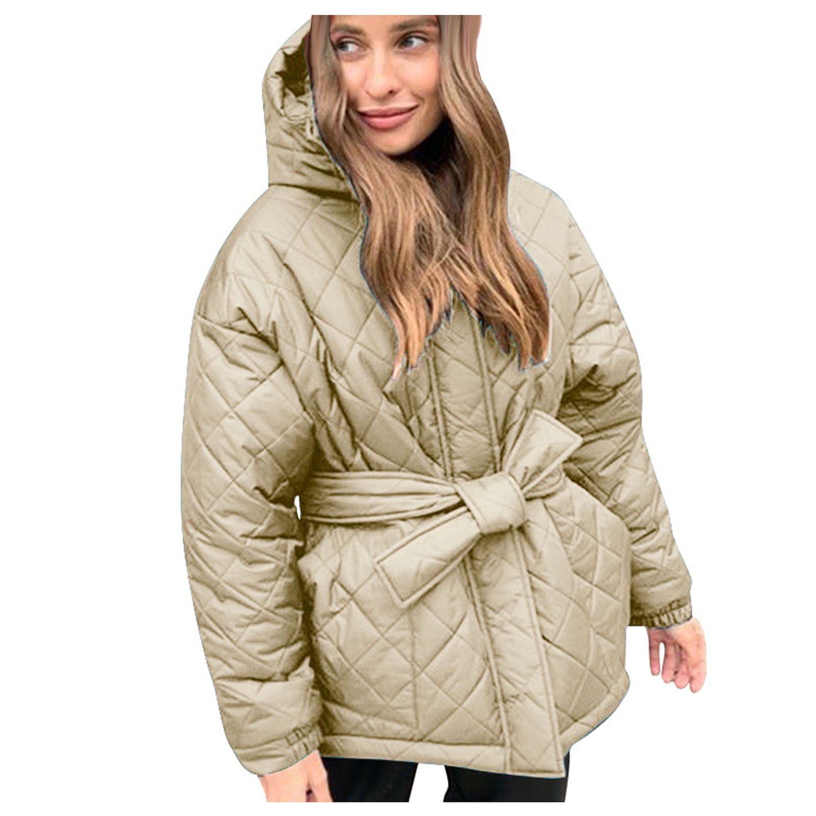 Women Long Sleeve Quilted Jacket Coat Winter Fashion Belted Padded Warm  Hood Puffer Outerwear With Pockets