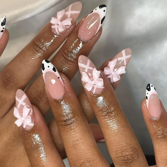 3D Handmade Press on Nails Brown Almond Fake Nails with Stereoscopic Flower Cross Designs Medium Length French Glue on Nails Glossy False Nails Reusable Stick on Nails for Women Girls Manicure 24Pcs