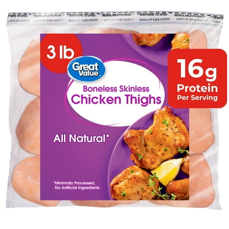 Great Value All Natural Boneless Skinless Chicken Thighs, 3 lb (Frozen)