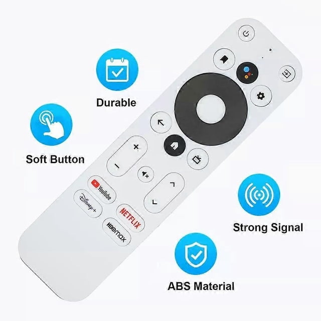 new voice control remoto para onn android tv 4k uhd streaming 100026240 100024646 control remoto de reemplazo blanco, vista 3/4 superior con D-pad circular negro, botón de micrófono para control por voz, botones de encendido, volumen y navegación, accesos directos a YouTube y Netflix en la parte inferior, carcasa de ABS mate; fondo blanco.