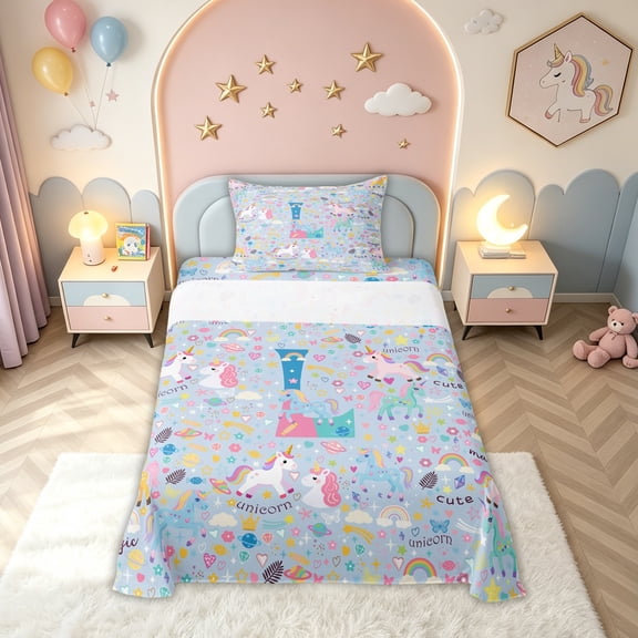 meiyoeat Cute Unicorn L Initial Twin Sheets for Kids, Cartoon Monogram Bedding, Blue Multicolor, Colorful Star Reversible, 1 Flat Sheet, 1 Fitted Sheet and 1 Pillowcase