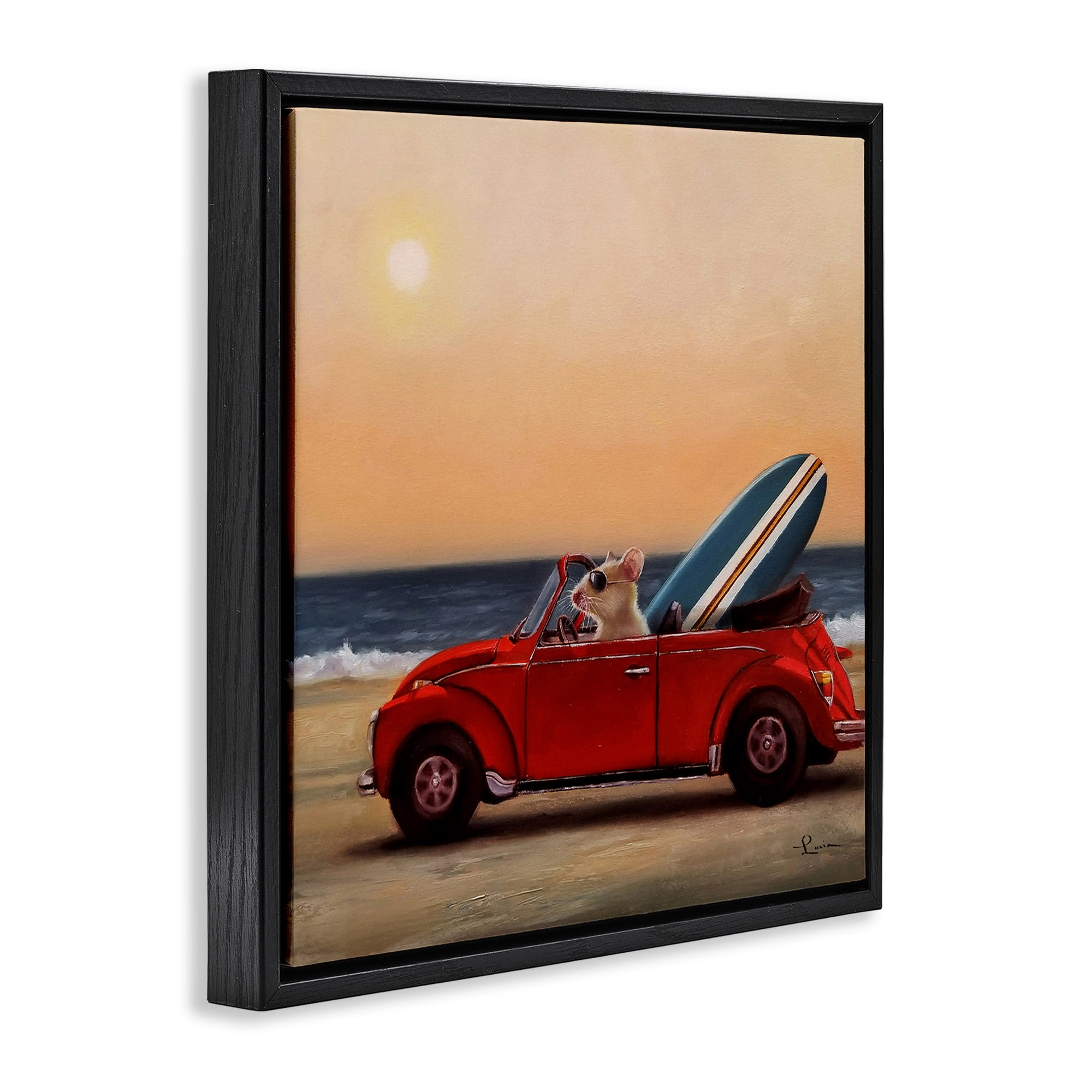 Stupell Industries Mouse Beach Coast Cruise Animals & Insects Painting Black Floater Framed Canvas Art Print Wall Art, 18 x 18